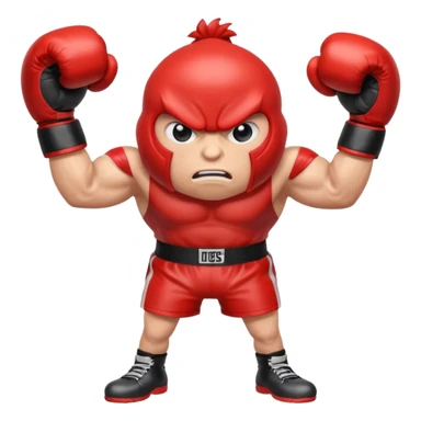 Gota de agua de color rojo con cara de enfado y unos guantes de boxeo, que tenga brazos y piernas musculados sticker