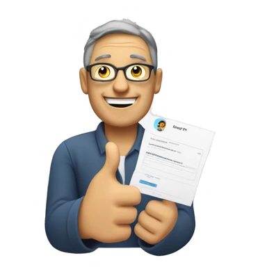 A middle-aged person holding a feedback form featuring a happy face emoji and giving a thumbs-up, symbolizing positive feedback sticker