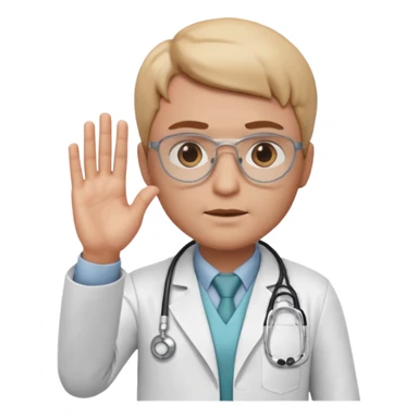 3D memoji doctor, hand raised forward in stop gesture, serious face, educational tone, white coat, stethoscope visible, centered, transparent PNG sticker