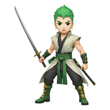 Muscular scarred warrior, short spiky moss-green hair, sharp steel-grey eyes, strong jaw, serious stare. Black trousers, boots, green sash with three katanas, open white coat, three gold earrings. Cinematic, ultra-realistic. (Roronoa Zoro) sticker