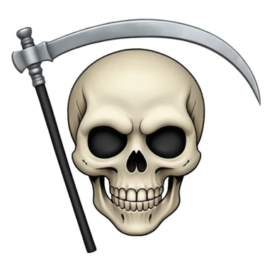 A laughing skull with a scythe crossed behind it, one eye socket winking. Clean, stylized lines, flat vector. Medieval woodcut style. Black and white with one accent color (tarnished silver). No background. sticker