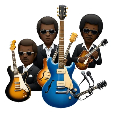 Icon for Blues Music: close-up collage of legendary blues artists. Gary Moore, Eric Clapton, B.B. King and Joe Cocker. Represented by silhouettes or symbolic items like guitars, microphones, or music notes, reflecting the soulful energy of blues music. Transparent background. sticker