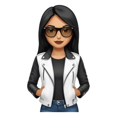 beautiful fit woman, with long straight black hair, with make up, black eye liner, smile mooth close, mexican, brown skin, wearing white tee, wearing leather black jacket, solar black wayfarer rayban sticker