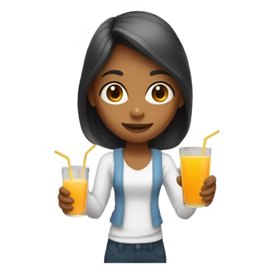 a girl holds a glass with orange juice in one hand and an apple juice in another hand sticker