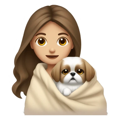 A Women with brown hair is cradling her white Pekingese in a beige blanket sticker