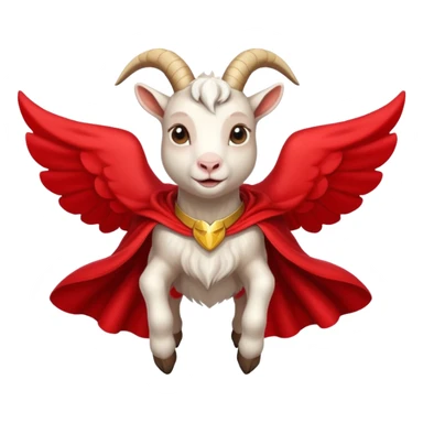side view of white female goat wearing a read cape like superman sticker
