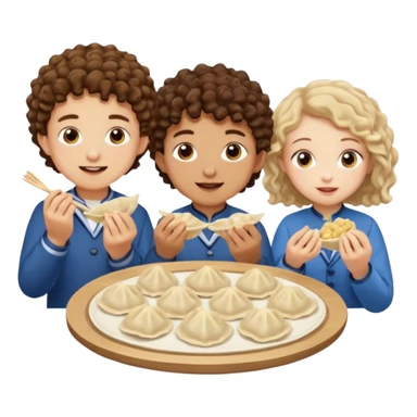 Can you create an emoji of three 23 year olds eating dumplings. One boy with brown curly hair one Jewish girl and one half Indian / half white girl.  sticker