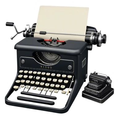 Create an emoji representing screenwriting. The design should feature an open script with visible dialogue and action lines, symbolizing the writing of a screenplay. Include a classic typewriter or modern writing device, such as a laptop, to signify the creative process. Place an old-style film camera next to the script to emphasize the cinematic connection. Use a professional color palette with black, white, and subtle metallic tones. Do not include any emojis or smiley faces. Make the background transparent sticker