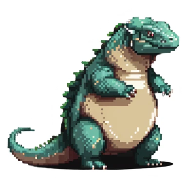 A pixelated fat komodo dragon with a big round belly, mid-hiccup with its body slightly jumping sticker