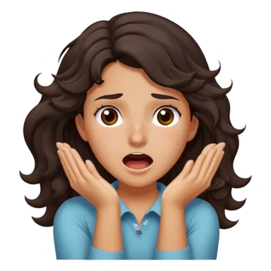 girl very dark brown wavy hair freckles tan skin color brown eyes crossing arms holding neck screaming sticker