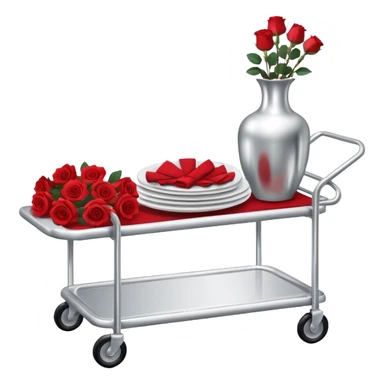 Room service trolley: A silver serving trolley with covered dishes, folded napkins, and a small flower vase. sticker