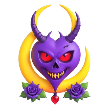 devil heart made of dark purple glass with twisted devil horns, spade tail, black roses entwined, crescent moon above, neon lightning, heavy rain, splintered glass sticker