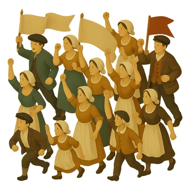 Add banners and flags to the 18th century crowd, isometric full body, period-appropriate clothing and hats, men, women, and children, dynamic arrangement, no background, no text. Maintain the style of the original image with an isometric perspective and detailed period clothing. sticker