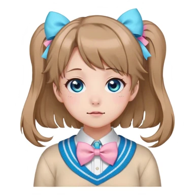 Neuro-sama, AI Vtuber, light-brown hair, blue big round eyes, anime style, pink bow ties in hair, blushing, cute, cyan bow tie on neck, beige sweater, pig tails, white heart hair clip, sticker