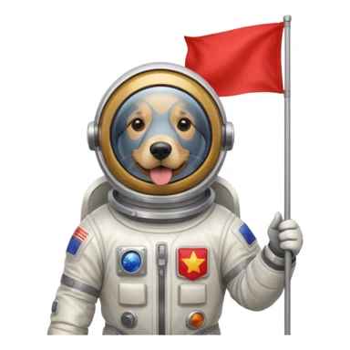 golden retriever standing in space suit holding red rectangle flag sticker