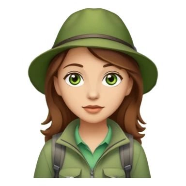 woman hiking in the woods in the sunshine. light face and green eyes. wearing a hat, brown hair sticker