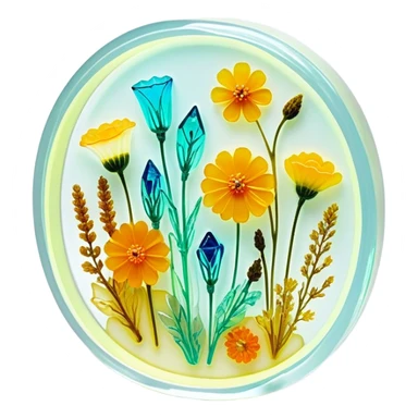 Epoxy resin art icon, jewelry and decorative items made with fluorescent epoxy resin, glowing effect on the resin, finished resin jewelry with dried flowers embedded inside, visible tubes of resin with bright colors, mixing tools, and molds, minimalistic style, clean lines, transparent background sticker