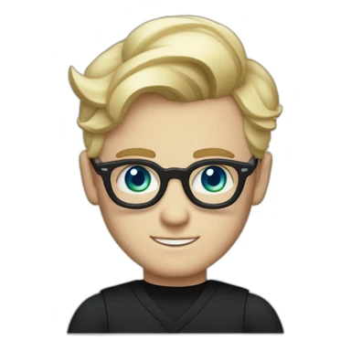 blonde hair white male wearing black shirt with bold blue thick glasses green eyes and blonde hair comb over Gatsby style sticker