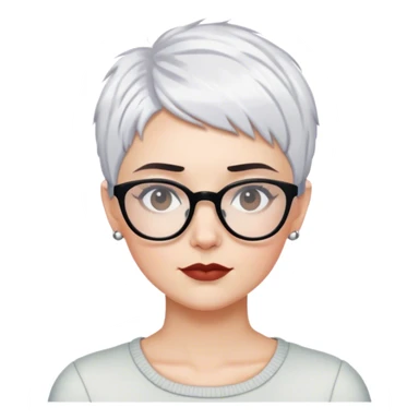 White woman with cropped choppy short pixie white hair, dark brows, glasses sticker