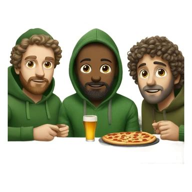 Three dudes,from Caucasian background, one wearing a ribbed green sweater,another one is artsy and wears beanies and hoodies, and the other has curly hair and beard wears a linen shirt. They are eating pizza in lower Manhattan, and drinking Stella Artois sticker