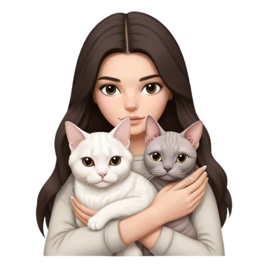 brunette Kendall Jenner with long hair holding on the hands a british white cat and a grey Sphynx sticker
