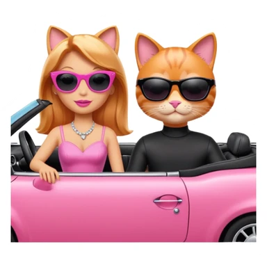 Barbie and Ken as cats driving a pink convertible car with sunglasses sticker