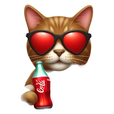 Brown cat wearing heart shaped sunglasses that are red drinking Coca-Cola sticker