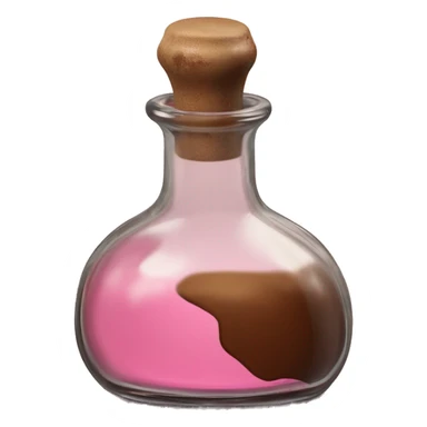 Mysterious Alchemical vintage glass potion bottle, exquisite bottle shape, old and shabby, with label, stylish and minimalistic, brown and pink, oil potion is poured out of the bottle, oil is spilled next to it sticker