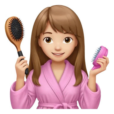 a girl with light skin and medium brown long hair with bangs who is brushing her hair with a hairbrush and she is wearing a light pink bathrobe sticker