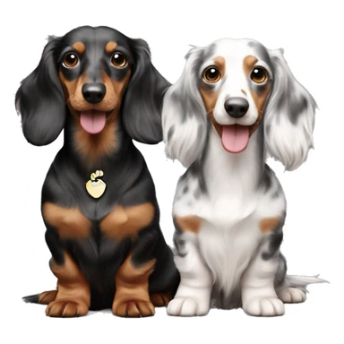 Two identical tri merle long hair dachshunds together  sticker