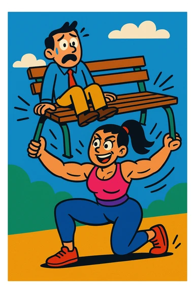 A woman lifting a bench with a frightened man sitting on it, cartoon style, colorful and dynamic sticker