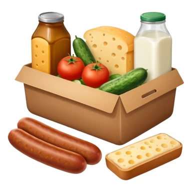 a box of groceries, sausage, cheese, canned meat, herbs, milk, tomatoes, cucumbers, and a loaf of bread sticker