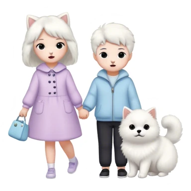 children in pastel clothes play with a Samoyed and a black British cat sticker