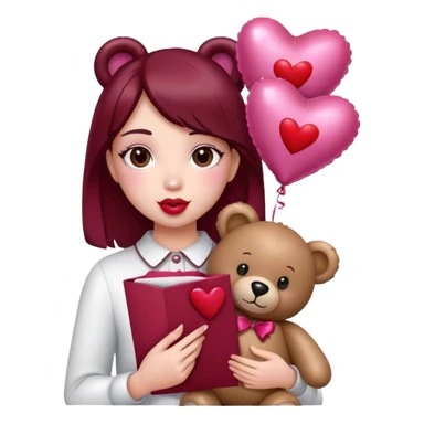 maroon love letter, three metallic pink heart-shaped balloons and red kisses and love teddy bear sticker