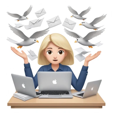 tired woman sitting at a desk with a MacBook, holding her arms out to the side, surrounded by lots of flying papers sticker