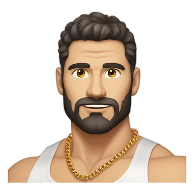 Russian muscular man aged 30 wearing gold chain with black buzz hair and short beard sticker