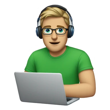 white guy with dark blond hair square glasses blue eyes wearing green t-shirt with laptop and headphones sticker