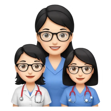 Genera emogis de 4 cuatro enfermeras de cabello negro largo, una de ellas con lentes sticker