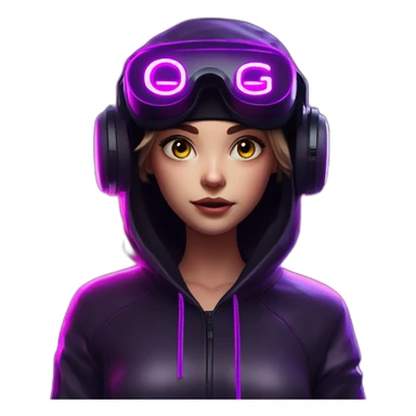 Create a 3D model of a Russian girl wearing a black hoodie with "OMG" letters on it and VR headset in a cyberpunk VR environment with violet neon lighting. sticker