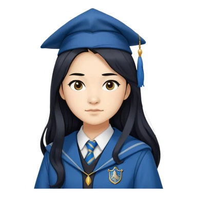 Cho Chang in harry potter, wear hogwarts Ravenclaw uniform, long black hair, not wearing hat sticker
