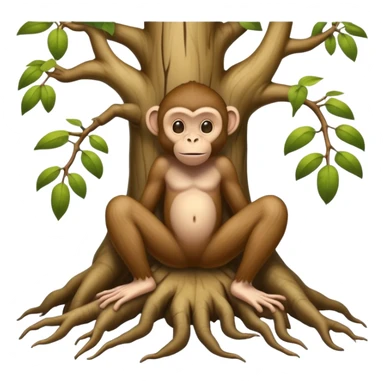 A creature with realistic human feet at the bottom, tree roots forming the legs, and a cartoon monkey face on top sticker