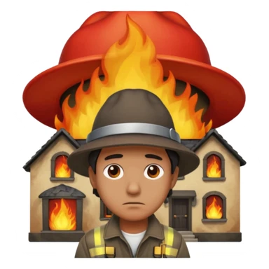 sad man standing with a house on fire behind him, bigger flames, apple style emoji sticker