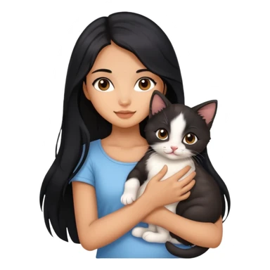 Beautiful girl with long black hair holding a cute kitten in her arms sticker
