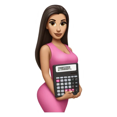 Hyper realistic kim kardashian with long straight brown hair holding a small pink calculator in her hand sticker