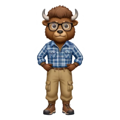 friendly anthropomorphised bison in cargo pants and plaid shirt, wearing glasses, jogging upright sticker