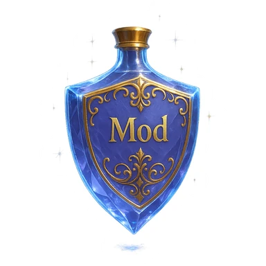 premium class crystal elixir bottle in shield shape, color #7986cb, with inscription 'Mod', lots of glow, edges, ornaments, golden details, magical effects, very small golden neck, transparent background, beautiful seamless bottom, bottle clearly floating in air, no base or shadow, very luxurious, modern, fits collection sticker