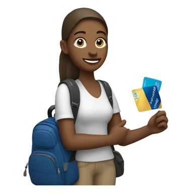 White skin tone student holding visa bank card, other hand holding backpack sticker