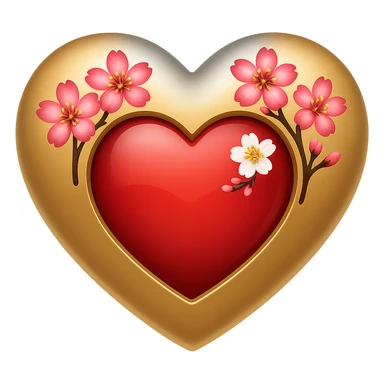 Add a shimmer effect to the gold and silver highlights on the heart with a sakura blossom overlay in the style of apple emojis, no background. sticker
