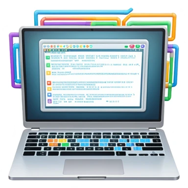 An icon featuring a laptop screen with colorful lines of code, brackets, and a blinking cursor, symbolizing programming. The design includes flowcharts, gear icons, and binary code, representing software development and logical problem-solving. Transparent background highlights the world of coding. sticker