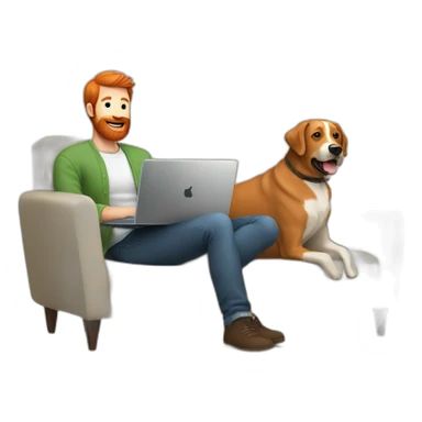 a man with a red beard sits working on a laptop on the sofa with a black Labrador sticker